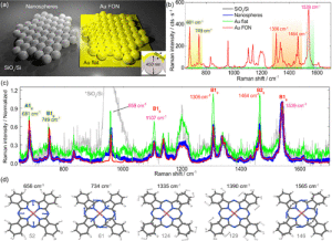 Figure 3. (a) Schematics of the nanospheres and metal film on nanospheres (MFON) deposited on a silicon substrate, with and without 80 nm thick gold coating. (b) Raman spectra averaged over the different regions depicted in (a). (c) Raman spectra normalized to the CC peak around 1539 cm−1, the plot legend is the same as in (b). (d) Displacement vectors of prominent vibrational modes contributing to the simulated Raman spectrum as well as to the x, y-, and z-polarized Raman spectra under nonresonant (1064 nm excitation) and resonant conditions (633 nm excitation), see Figure S6 and S7, and Tables S2 and S3 for more details. The numbers at the bottom represented the vibrational modes listed in Tables S2 and S3. Raman and resonance Raman spectra were obtained at the (TD-)B3LYP10/def2-SVP level of theory, see Computational Details.
