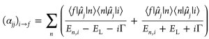 Within the so-called sum- overstates expression as derived by Kramers, Heisenberg, and Dirac the three trace components of α are given by this formula, where μ̂j is the respective component of the dipole moment operator in x, y, or z-direction, En,i the Bohr energy for a transition between the two vibronic states i and n defined as En,i ≡ En − Ei, EL the energy of the irradiating laser, and Γ the damping factor describing homogeneous broadening (0.372 eV).