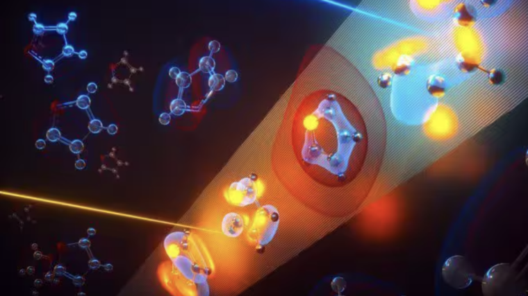 Artistic representation of the dynamics of ring opening of the furan molecule.