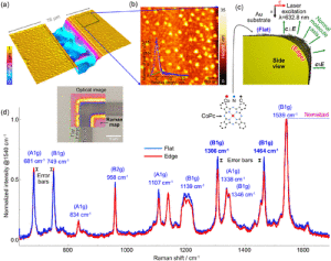 Figure 1. (a) Atomic force microscopy image of the Au-coated SiO2/Si sample showing two edges and flat regions. (b) Zoom-in of the region marked by the rectangle in (a) shows the local roughness of the Au substrate and Au clusters’ presence. The surface roughness is also quantifiable in the histogram shown in the right inset. (c) Schematics of CoPc orientation on the edge and flat regions of interest of a gold-coated structure. (d) Normalized Raman spectra to the CoPc CC mode at 1539 cm−1 averaged over the flat and edge regions marked in the Raman hyperspectral image shown in the inset.