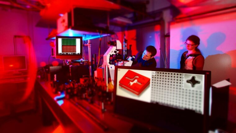 Two doctoral students working on the nanospectroscopy of an artificially structured nanomaterial at the Institute of Applied Physics, 2011.